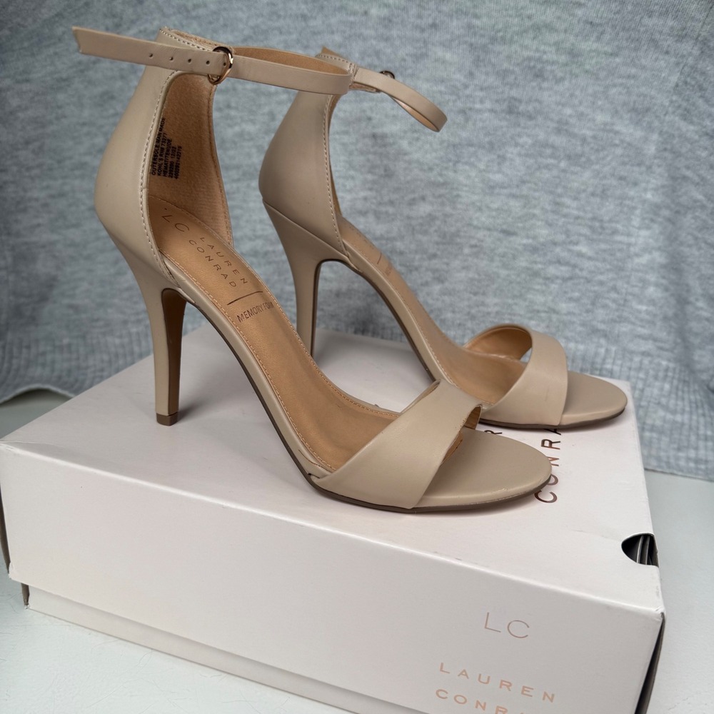 LC Lauren Conrad Size 9.5 Memory Foam Heels Ankle Strap Sandal Beige Women's - Picture 2 of 9